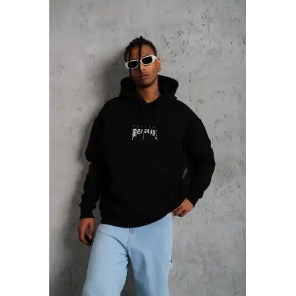 Erkek Baskılı Kapüşonlu ve Kanguru Cepli Sweatshirt hoodie- Siyah
