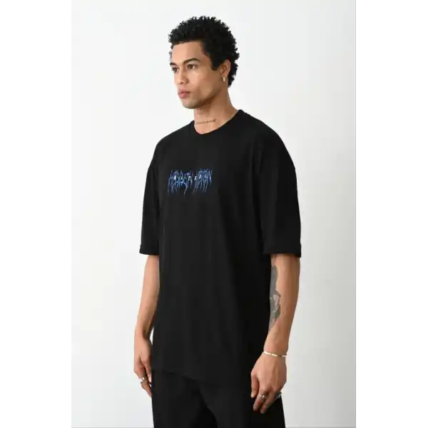 Erkek Baskılı Oversize  Kısa kol T-Shirt - Siyah