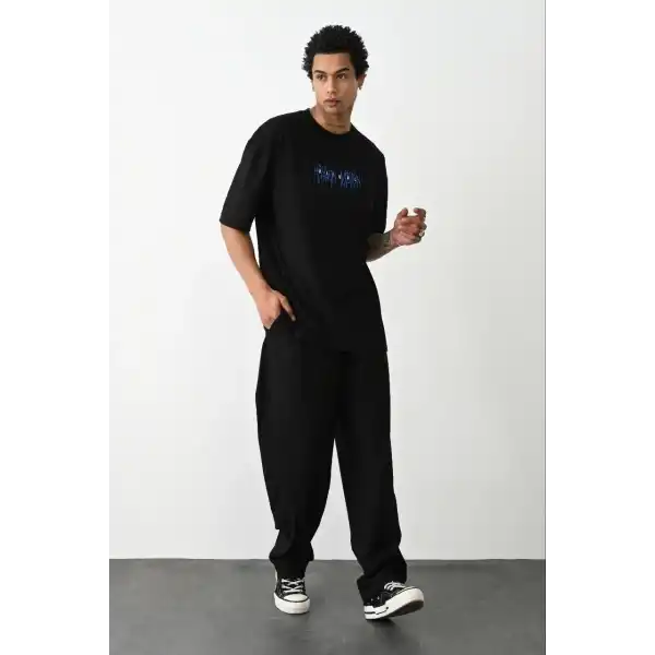 Erkek Baskılı Oversize  Kısa kol T-Shirt - Siyah