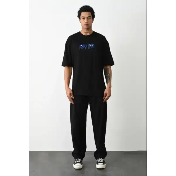 Erkek Baskılı Oversize  Kısa kol T-Shirt - Siyah