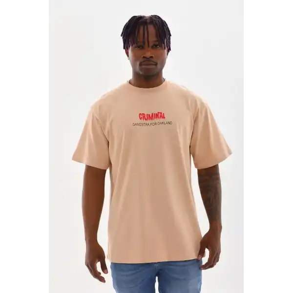 Erkek Baskılı T-Shirt Kısa Kol Bisiklet Yaka Rahat Kalıp Tişört  - Bej
