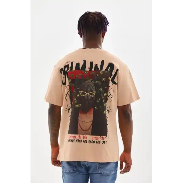 Erkek Baskılı T-Shirt Kısa Kol Bisiklet Yaka Rahat Kalıp Tişört  - Bej