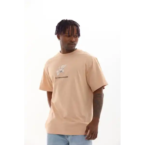 Erkek Baskılı T-Shirt Kısa Kol Bisiklet Yaka Rahat Kalıp Tişört - Bej