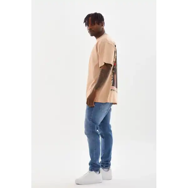 Erkek Baskılı T-Shirt Kısa Kol Bisiklet Yaka Rahat Kalıp Tişört  - Bej