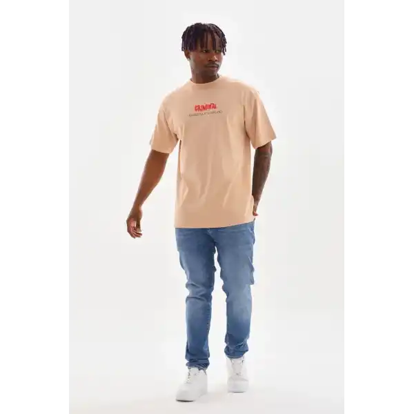 Erkek Baskılı T-Shirt Kısa Kol Bisiklet Yaka Rahat Kalıp Tişört  - Bej