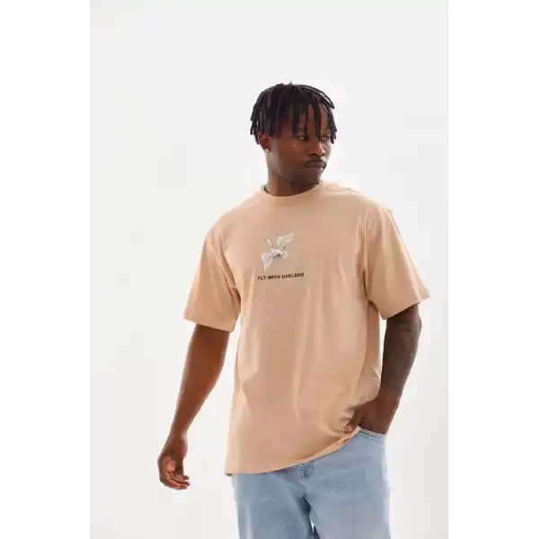 Erkek Baskılı T-Shirt Kısa Kol Bisiklet Yaka Rahat Kalıp Tişört - Bej