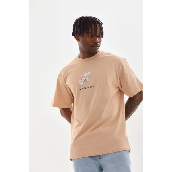 Erkek Baskılı T-Shirt Kısa Kol Bisiklet Yaka Rahat Kalıp Tişört - Bej