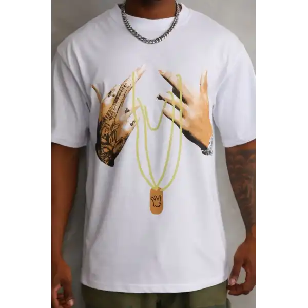 Erkek Baskılı T-Shirt Kısa Kol Bisiklet Yaka Rahat Kalıp Tişört - Beyaz