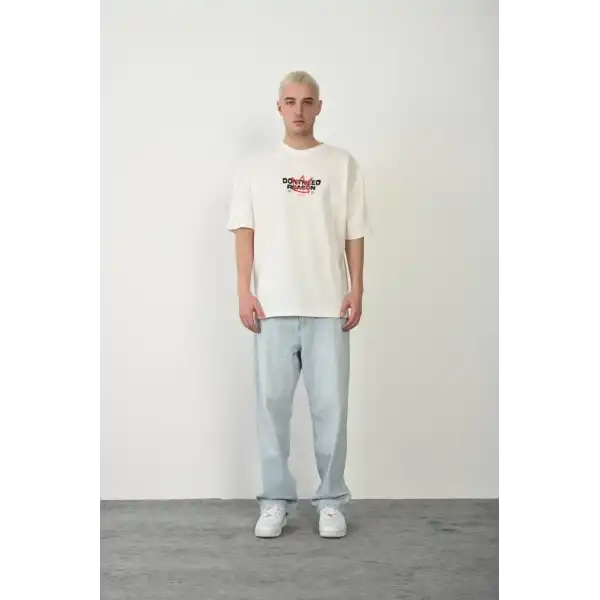 Erkek Baskılı T-Shirt Kısa Kol Bisiklet Yaka Rahat Kalıp Tişört  - Beyaz
