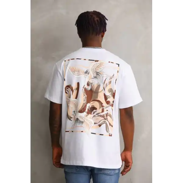 Erkek Baskılı T-Shirt Kısa Kol Bisiklet Yaka Rahat Kalıp Tişört - Beyaz