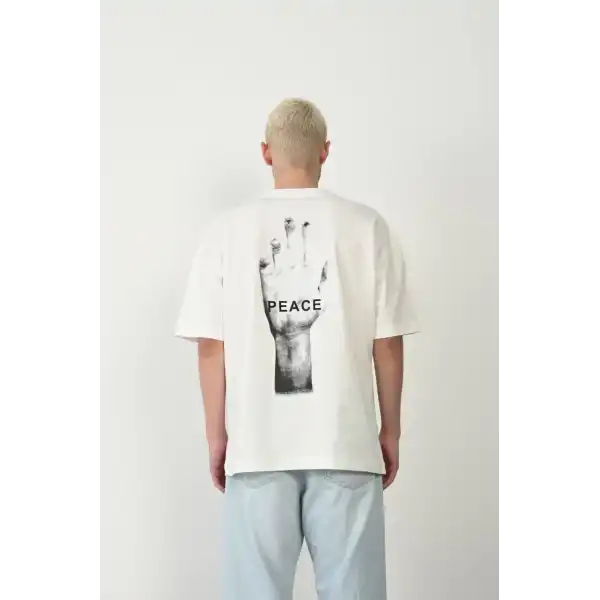 Erkek Baskılı T-Shirt Kısa Kol Bisiklet Yaka Rahat Kalıp Tişört - Beyaz