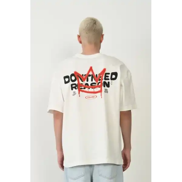 Erkek Baskılı T-Shirt Kısa Kol Bisiklet Yaka Rahat Kalıp Tişört  - Beyaz