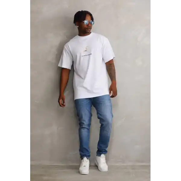 Erkek Baskılı T-Shirt Kısa Kol Bisiklet Yaka Rahat Kalıp Tişört - Beyaz