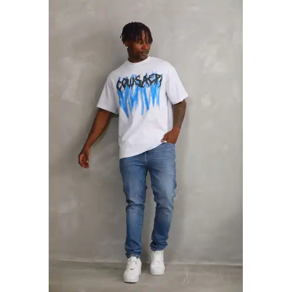 Erkek Baskılı T-Shirt Kısa Kol Bisiklet Yaka Rahat Kalıp Tişört - Beyaz