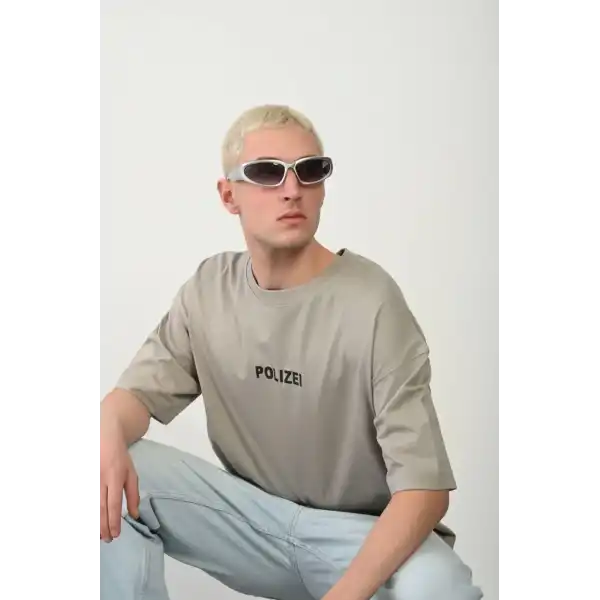 Erkek Baskılı T-Shirt Kısa Kol Bisiklet Yaka Rahat Kalıp Tişört - Boyalı Gri