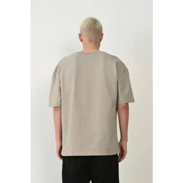 Erkek Baskılı T-Shirt Kısa Kol Bisiklet Yaka Rahat Kalıp Tişört - Boyalı Gri