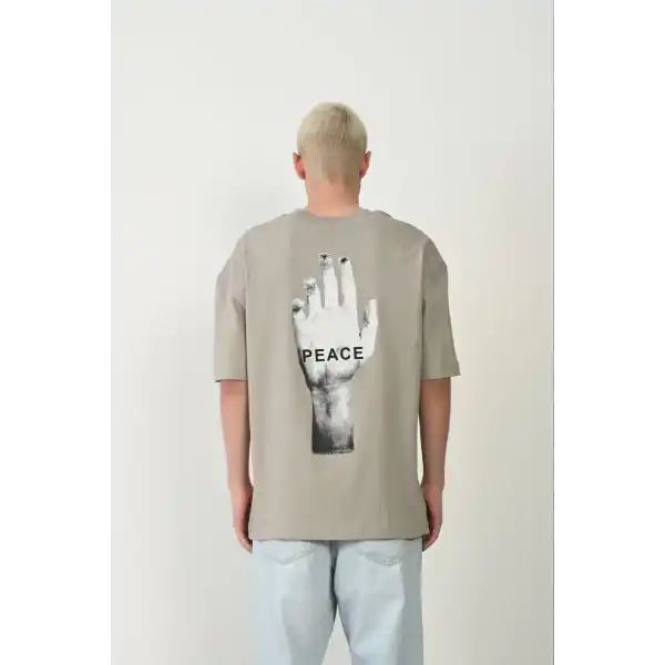 Erkek Baskılı T-Shirt Kısa Kol Bisiklet Yaka Rahat Kalıp Tişört - Boyalı Gri