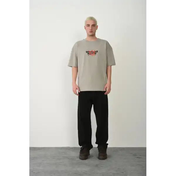 Erkek Baskılı T-Shirt Kısa Kol Bisiklet Yaka Rahat Kalıp Tişört  - Boyalı Gri