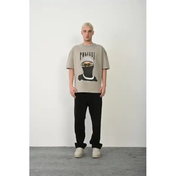 Erkek Baskılı T-Shirt Kısa Kol Bisiklet Yaka Rahat Kalıp Tişört - Boyalı Gri