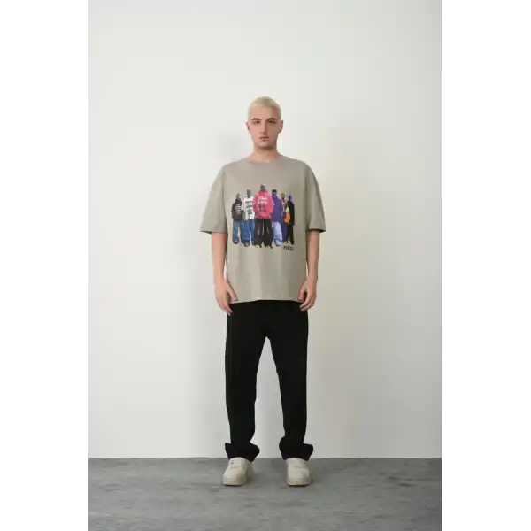 Erkek Baskılı T-Shirt Kısa Kol Bisiklet Yaka Rahat Kalıp Tişört - Boyalı Gri