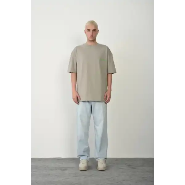Erkek Baskılı T-Shirt Kısa Kol Bisiklet Yaka Rahat Kalıp Tişört  - Boyalı Gri