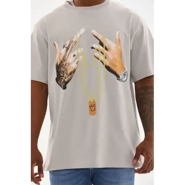 Erkek Baskılı T-Shirt Kısa Kol Bisiklet Yaka Rahat Kalıp Tişört - Gri