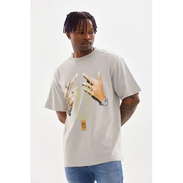 Erkek Baskılı T-Shirt Kısa Kol Bisiklet Yaka Rahat Kalıp Tişört - Gri