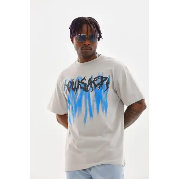 Erkek Baskılı T-Shirt Kısa Kol Bisiklet Yaka Rahat Kalıp Tişört - Gri