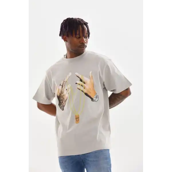 Erkek Baskılı T-Shirt Kısa Kol Bisiklet Yaka Rahat Kalıp Tişört - Gri