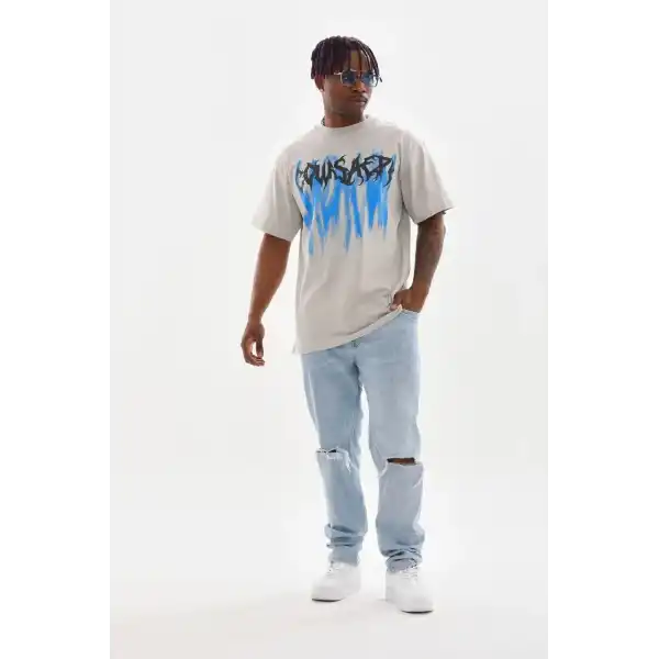 Erkek Baskılı T-Shirt Kısa Kol Bisiklet Yaka Rahat Kalıp Tişört - Gri