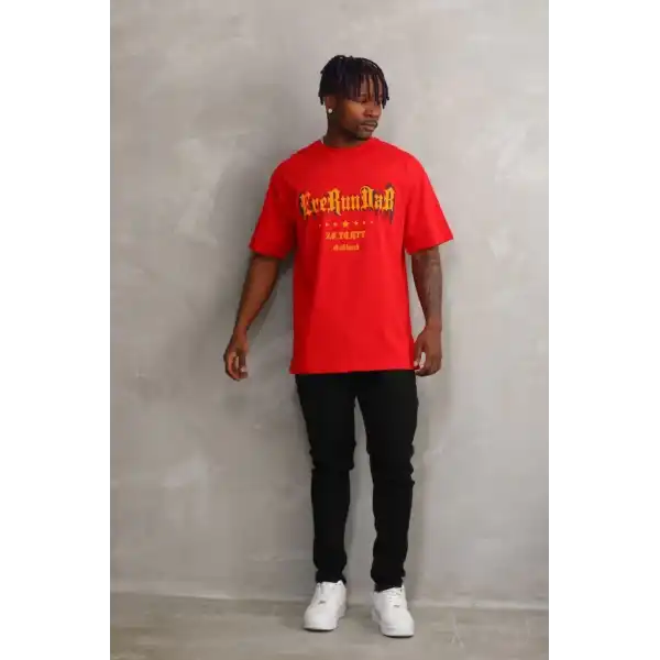 Erkek Baskılı T-Shirt Kısa Kol Bisiklet Yaka Rahat Kalıp Tişört - Kırmızı