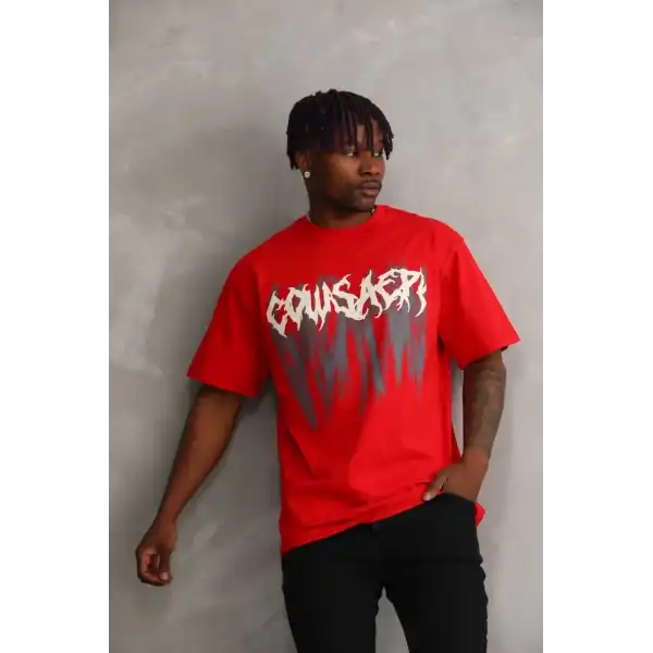 Erkek Baskılı T-Shirt Kısa Kol Bisiklet Yaka Rahat Kalıp Tişört - Kırmızı