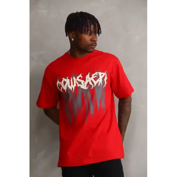 Erkek Baskılı T-Shirt Kısa Kol Bisiklet Yaka Rahat Kalıp Tişört - Kırmızı