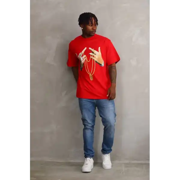 Erkek Baskılı T-Shirt Kısa Kol Bisiklet Yaka Rahat Kalıp Tişört - Kırmızı