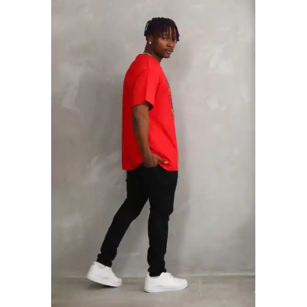 Erkek Baskılı T-Shirt Kısa Kol Bisiklet Yaka Rahat Kalıp Tişört - Kırmızı