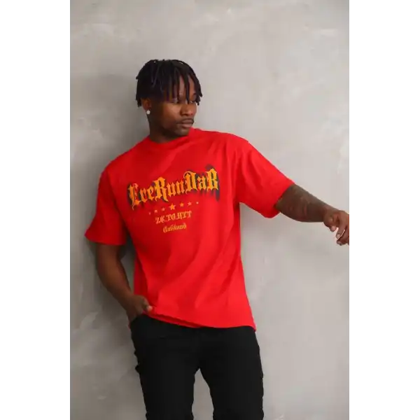 Erkek Baskılı T-Shirt Kısa Kol Bisiklet Yaka Rahat Kalıp Tişört - Kırmızı