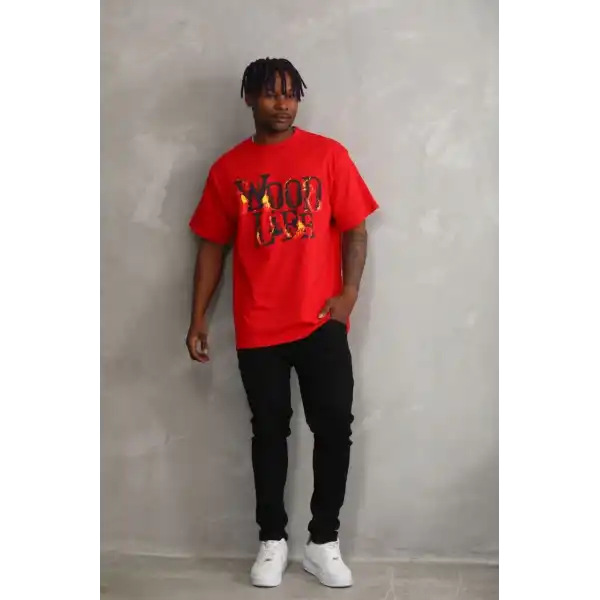 Erkek Baskılı T-Shirt Kısa Kol Bisiklet Yaka Rahat Kalıp Tişört - Kırmızı