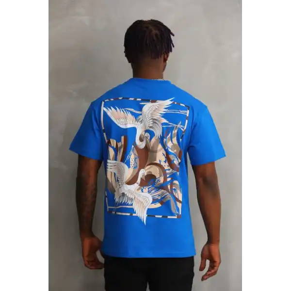 Erkek Baskılı T-Shirt Kısa Kol Bisiklet Yaka Rahat Kalıp Tişört - Mavi