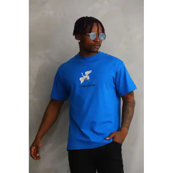Erkek Baskılı T-Shirt Kısa Kol Bisiklet Yaka Rahat Kalıp Tişört - Mavi
