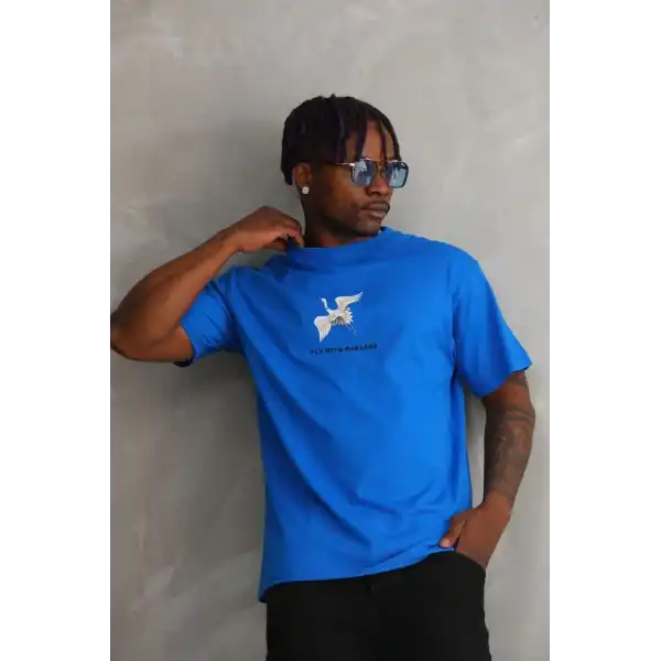 Erkek Baskılı T-Shirt Kısa Kol Bisiklet Yaka Rahat Kalıp Tişört - Mavi