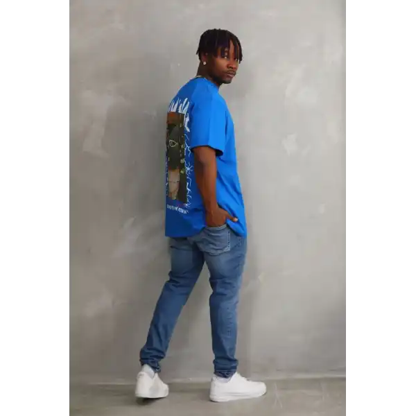 Erkek Baskılı T-Shirt Kısa Kol Bisiklet Yaka Rahat Kalıp Tişört  - Mavi