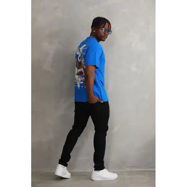 Erkek Baskılı T-Shirt Kısa Kol Bisiklet Yaka Rahat Kalıp Tişört - Mavi
