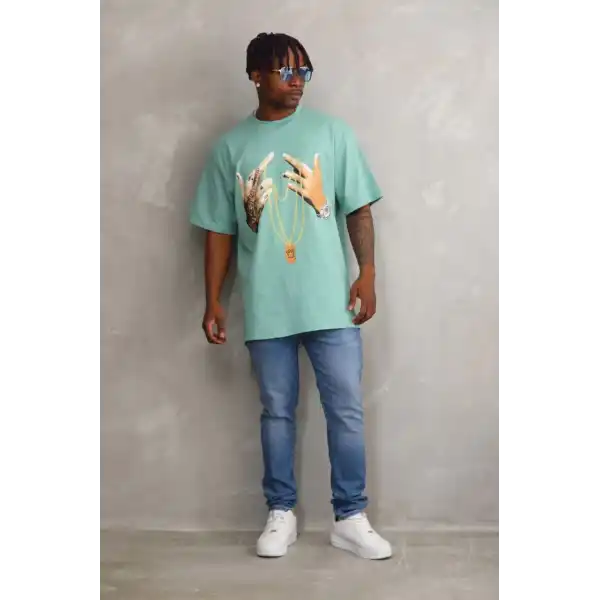 Erkek Baskılı T-Shirt Kısa Kol Bisiklet Yaka Rahat Kalıp Tişört - Mint Yeşili