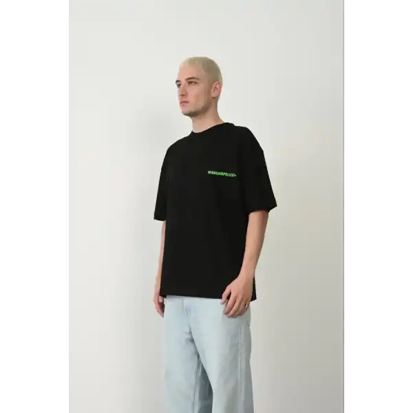 Erkek Baskılı T-Shirt Kısa Kol Bisiklet Yaka Rahat Kalıp Tişört  - Siyah