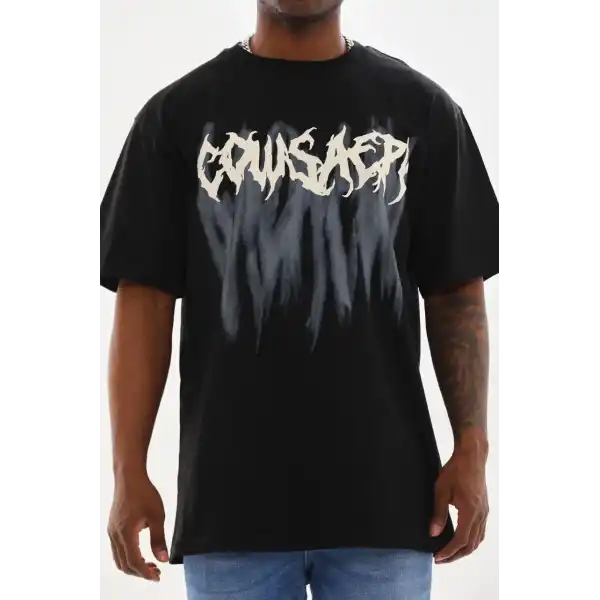 Erkek Baskılı T-Shirt Kısa Kol Bisiklet Yaka Rahat Kalıp Tişört - Siyah