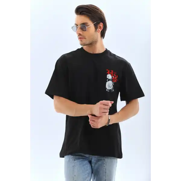 Erkek Baskılı T-Shirt Kısa Kol Bisiklet Yaka Rahat Kalıp Tişört  - Siyah