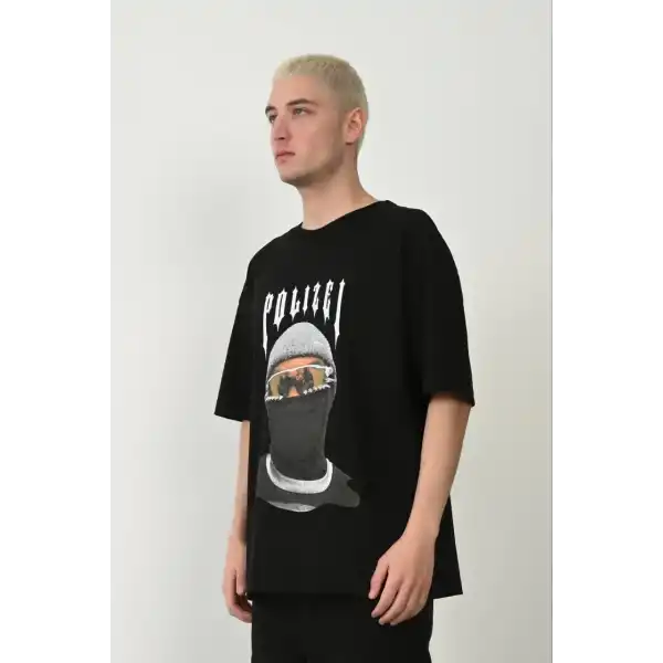 Erkek Baskılı T-Shirt Kısa Kol Bisiklet Yaka Rahat Kalıp Tişört - Siyah