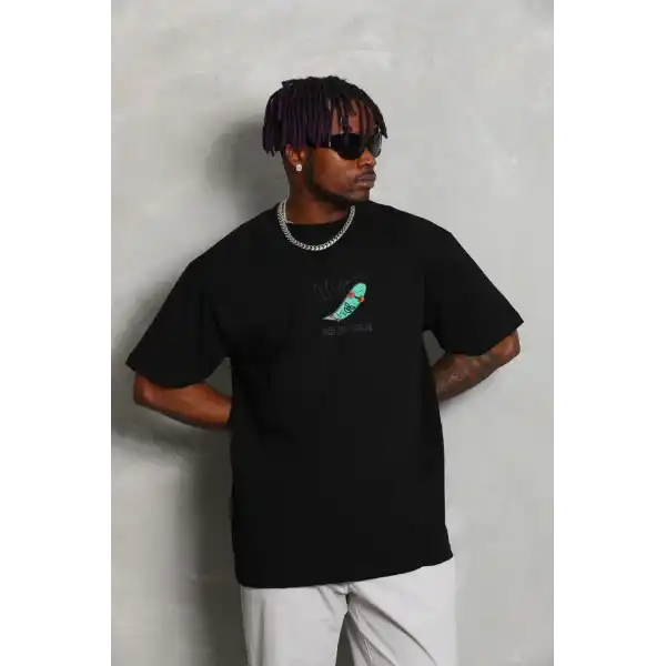 Erkek Baskılı T-Shirt Kısa Kol Bisiklet Yaka Rahat Kalıp Tişört - Siyah