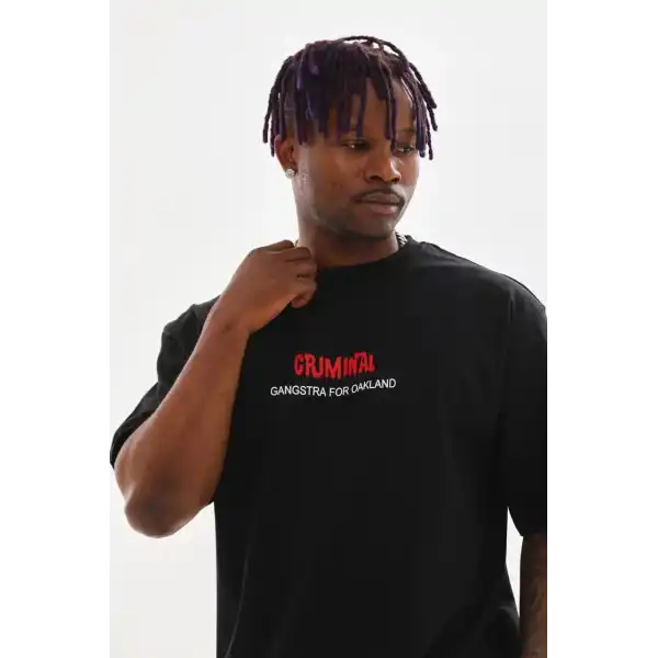 Erkek Baskılı T-Shirt Kısa Kol Bisiklet Yaka Rahat Kalıp Tişört  - Siyah