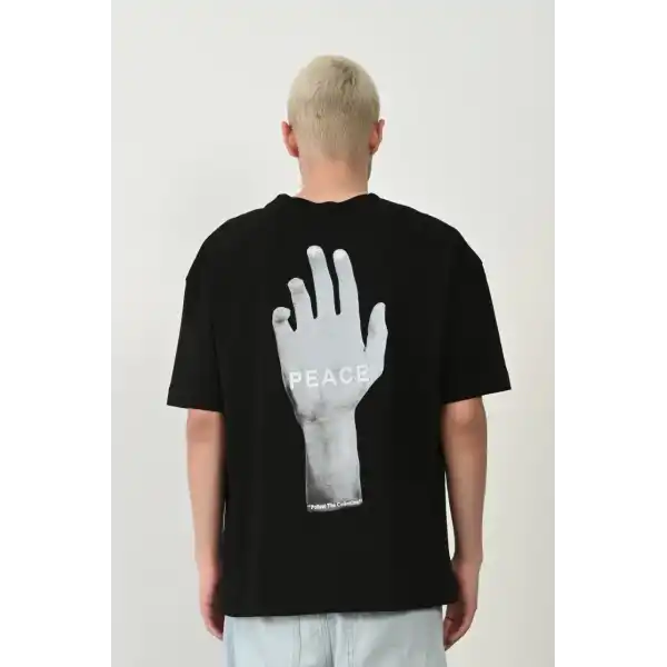Erkek Baskılı T-Shirt Kısa Kol Bisiklet Yaka Rahat Kalıp Tişört - Siyah